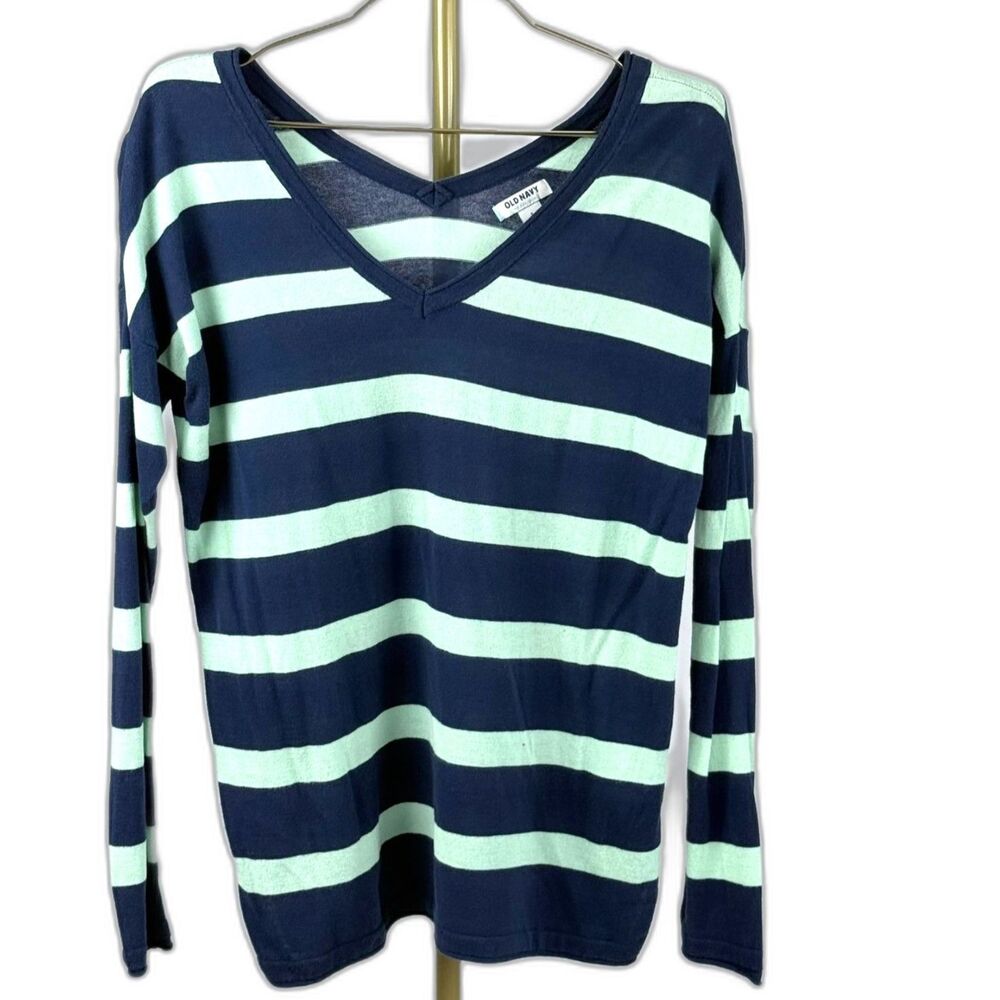 Old Navy Striped Cotton Sweater V-Neck Long Sleeve Navy Mint Green Size Small